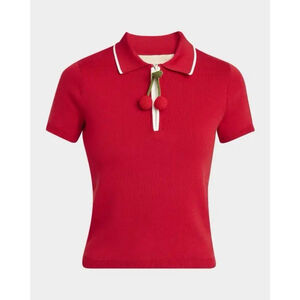 New Valentino Garavani Red Crochet Cherry Short-Sleeve Cotton Polo Sweater SP